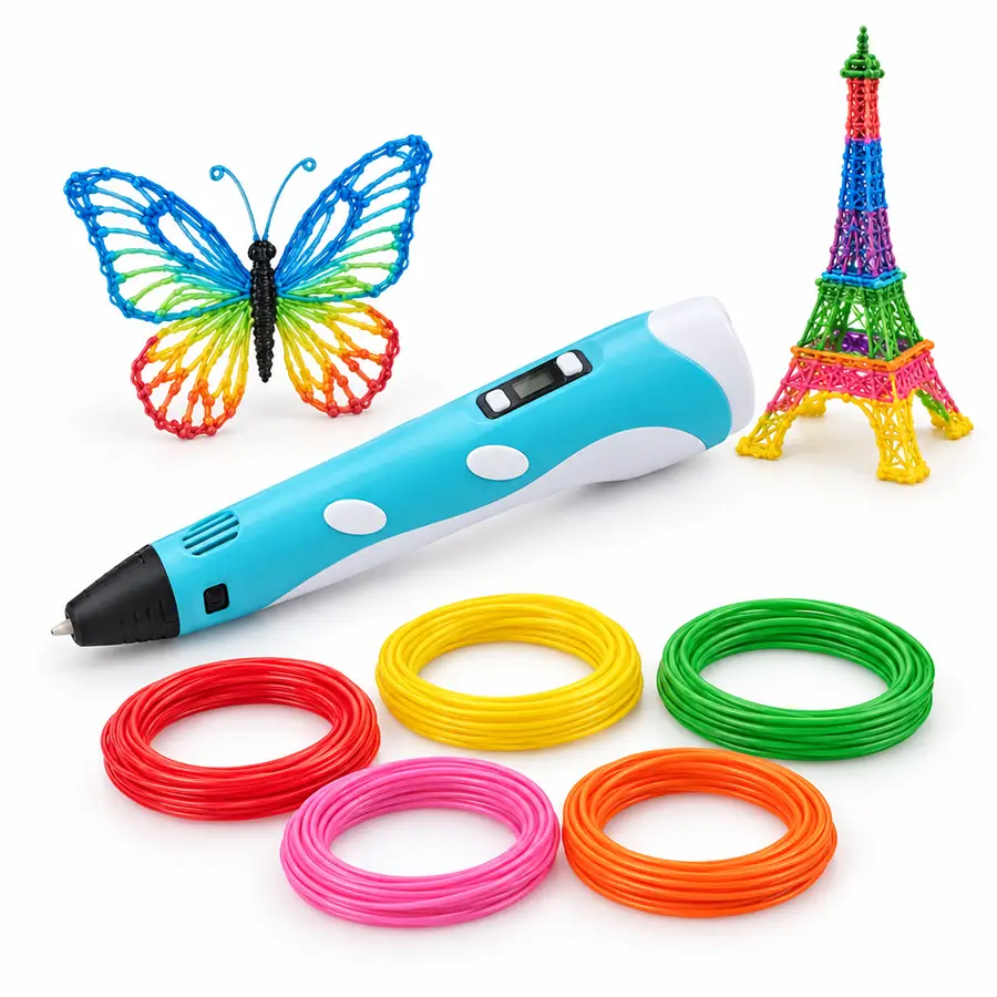 Lápiz 3D celeste con pantalla, filamentos de colores y figuras hechas con él