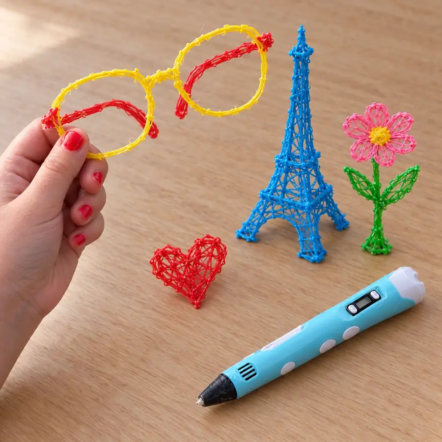 Gafas, torre, flor y corazón hechos con el lápiz 3D