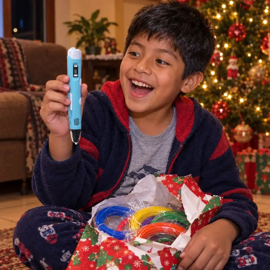 Niño feliz abriendo su lápiz 3D en Navidad