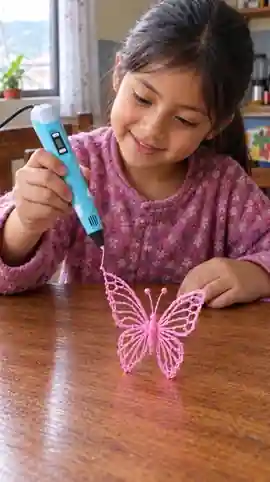 Niña dibujando una mariposa 3D que se queda de pie