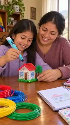 Mamá e hija haciendo una casita 3D para la escuela